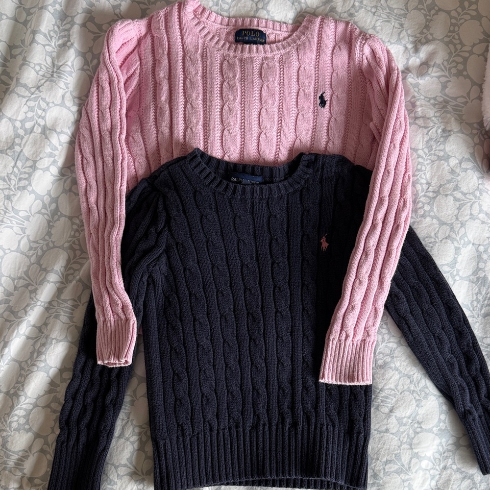 Set of 2!! Ralph Lauren Girls Cable Knit Sweater - Pink and Navy Blue